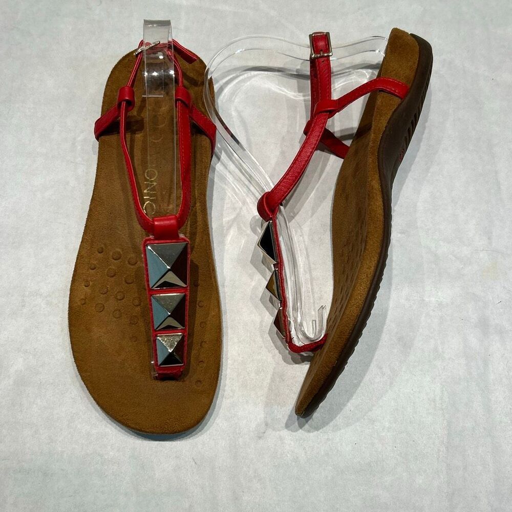 Vionic Rest Nala Orthotic Sandals Red Gold Sz 9 Strappy Flat Ankle T Strap Studd